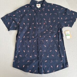 Levi's Shirt Men's L‎ Navy Blue Tropical Pattern Button Up Short Sleeve